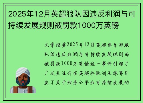 2025年12月英超狼队因违反利润与可持续发展规则被罚款1000万英镑